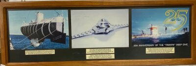 A framed set of photographs relating to the Trieste Submarine, and The Rolex Deep Sea Special, partial autographs from Don Walsh.