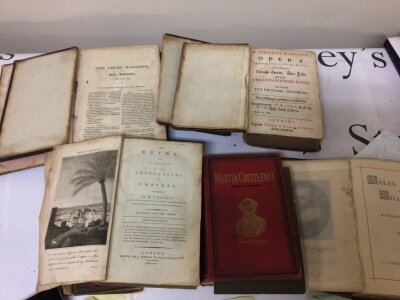 An early book edition of the P Virgilii Maronis Opera dated 1687 other books a second edition 1795 The Ruins a Survey of the Revolutions of Empires, Memories of Old Romford Tales Of Shakespeare and Life and Adventures of Martin Chuzzlewit by Charles Dickens The Court Magazine 1832all books with damage to spines fair condition.