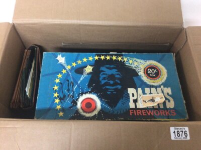 A box containing a collection of mixed stamps in albums including George V and later stamps boxes and albums and a Pains Fireworks box containing further stamps