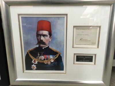 a framed display of the autograph of Lord Kitchener ,frame dimensions 50x43cm