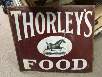 A vintage enamel Thorley’s Horse Food sign, dimensions 83x72cm Approx