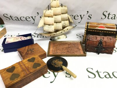 Wooden jewellery Boxes , a small framed brass map of Essex, hand mirror, Dykehead Horncraft Scottish ship , collection of world currency coins and notes. No reserve