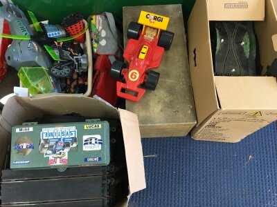 a collection of Playworn toys including Scalextric tracks, matchbox cars, action man etc- NO RESERVE