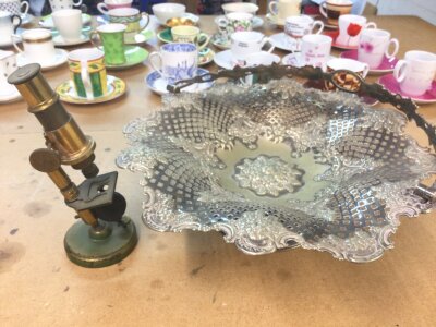 A silver plated basket (28cm wide) and a small microscope- NO RESERVE