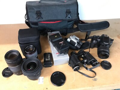 Camera Equipment including Canon EOS 1300D, AS lens, Canon Lens, two pairs of binoculars etc