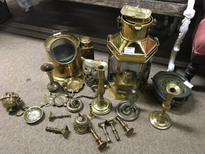 Two ships compasses, a brass ship light and a collection of Eastern brass ware various