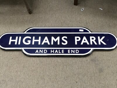 A BR totem sign (replica) Highams Park and hale end , dark blue. 93cm wide 26cm tall