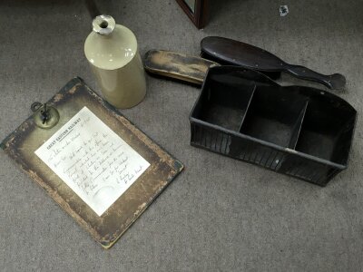 A great eastern railway leaflet rack, clipboard, 2 clothes brushes, ink bottle