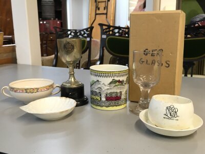 A box of 3 LNER China items : Saucer, Soup bowl, Milk jug , plate and GER glass