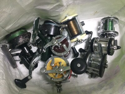 A collection of fishing reels including Intrepid Surfcast, Garcia Mitchell , Penn Delmar, Abu Ambassadeur 6500c