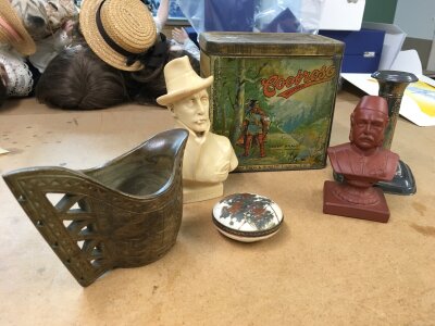 A Puccini bust , vintage tin , silver plated candlestick, olive wood cup, Japanese ceramic trinket box