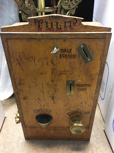 Wooden coin machine, dimensions 45cm tall 13cm wide