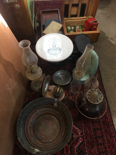 A Collection of items including lamps, a set of Tarnall & Sons scales, no 36 inert hand grenade, two microscope books etc