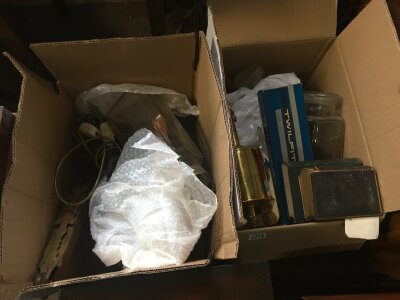 Two boxes of items including A cased Russian microscope, figure lamp, voltmeters . Biscuit barrel, glass vase, No reserve