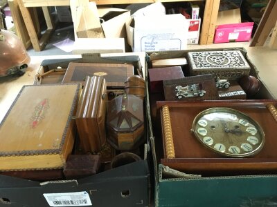 Two boxes of wooden boxed , a clock and other items