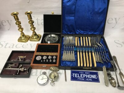 Collective lot including pen knife candle sticks plate cutlery weights etc