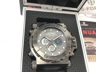 S-FORCE Adonis chronograph watch features a 50mm stainless steel case and a distinctive textured dial. Comes with spare straps and box and paperwork.