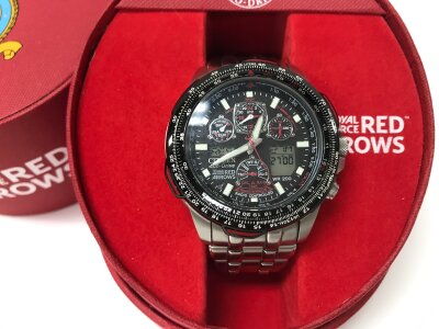 Citizen Red Arrows watch on a classic stainless steel bracelet. Set a round a large 46mm