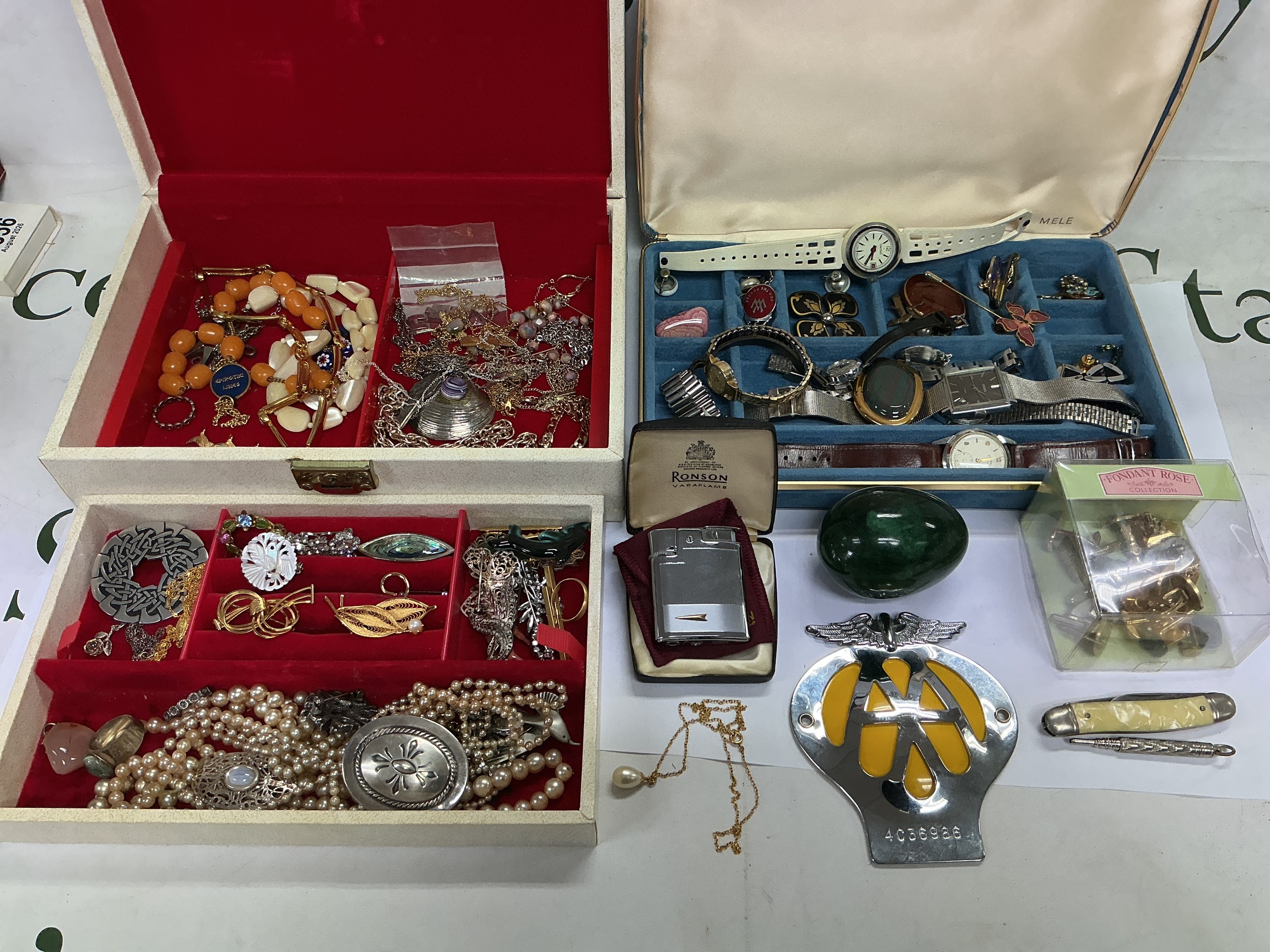 A collection of costume jewellery including a 9ct gold chain, various watches, propelling pencil etc.