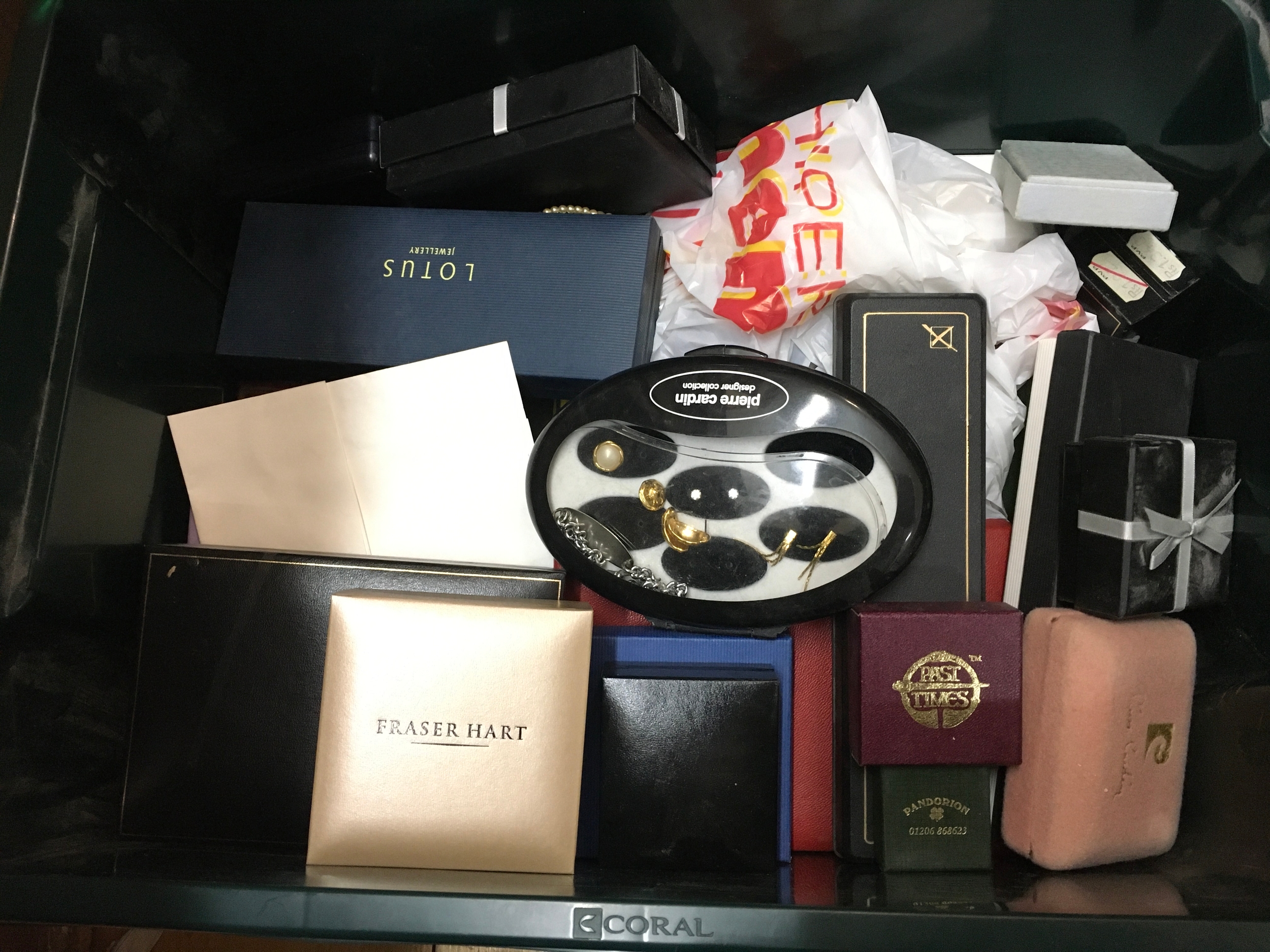 A box of costume jewellery including silver gilt Italian bracelets, some 9ct gold pieces, 