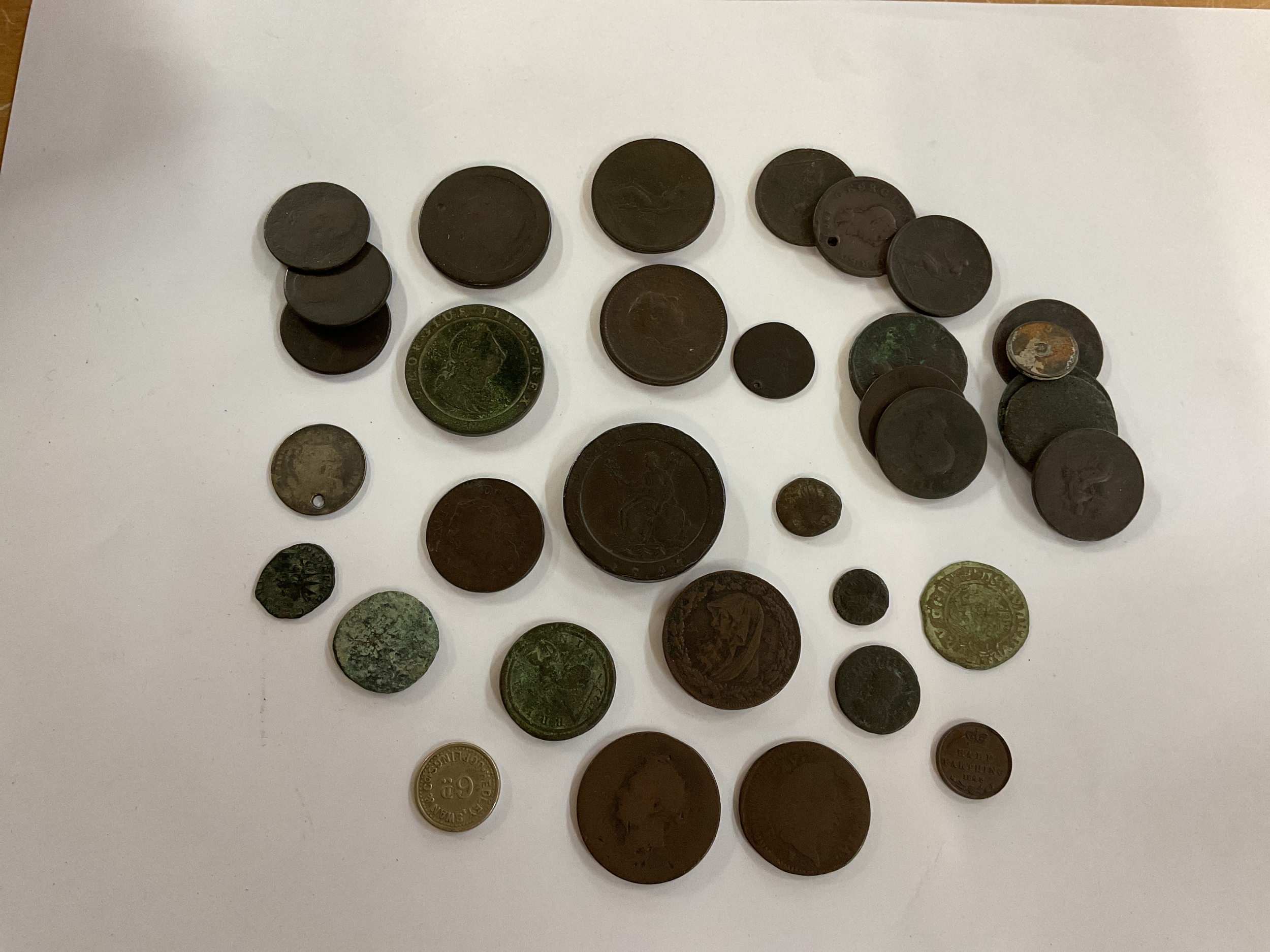 Qty coins to inc Roman examples, cartwheel varieties and copper and a good grade 1843 half farthing.