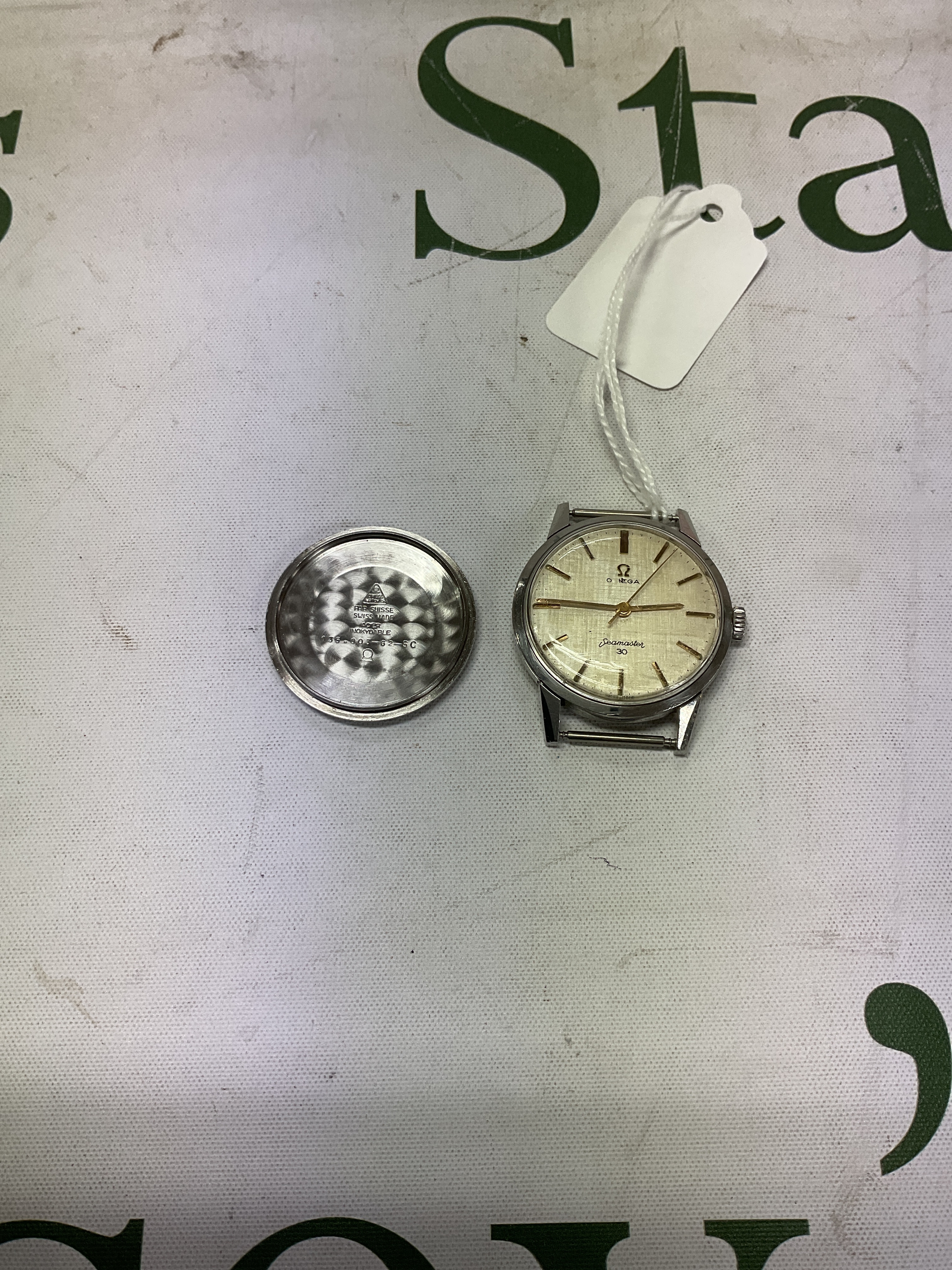 C1950 Omega Seamaster30, in stainless steel case 33mm, mainspring has slipped but complete movement.