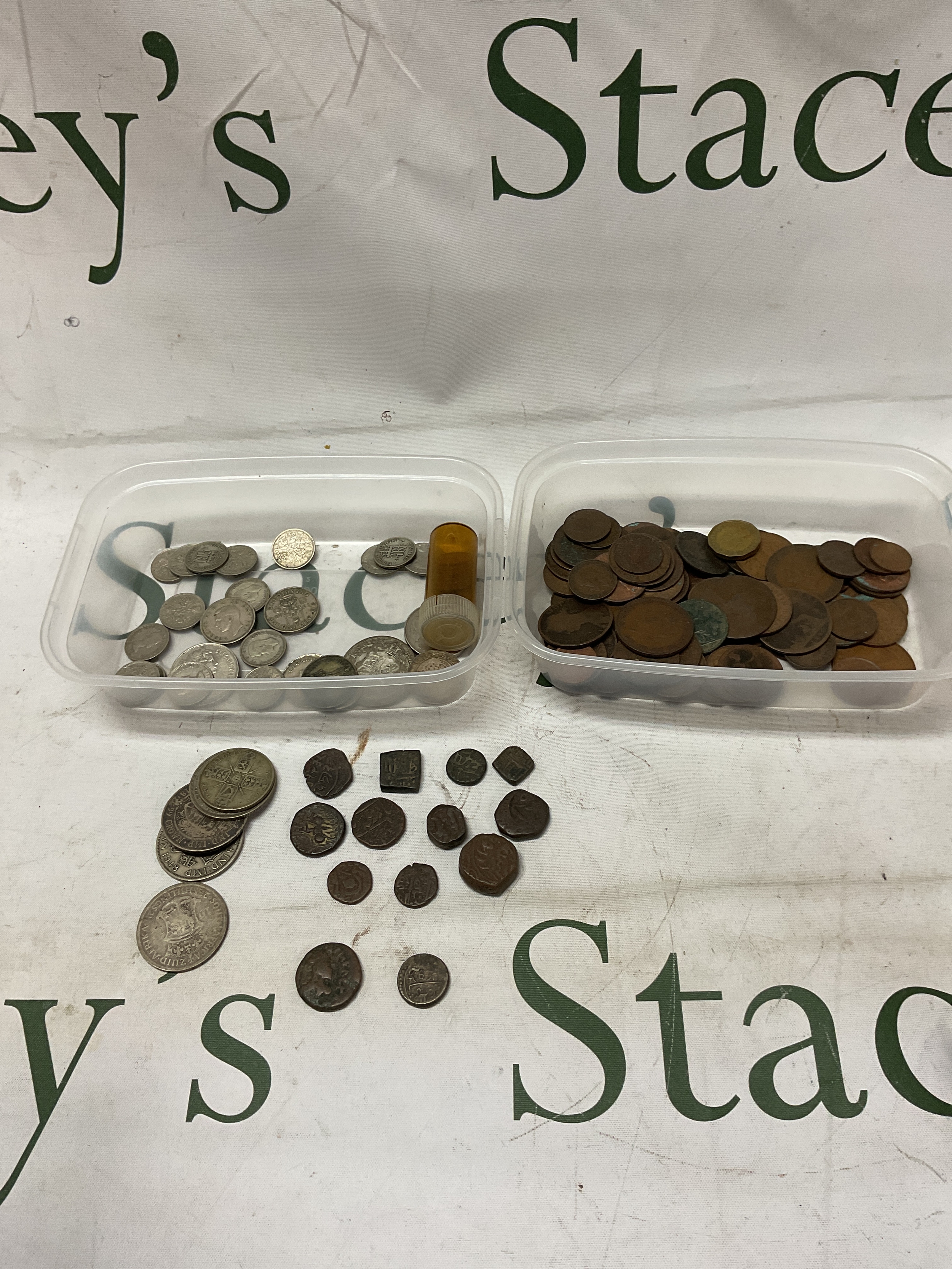Qty silver and half silver coins,,Indian brass dump coins, a silver hammered and a Roman example.