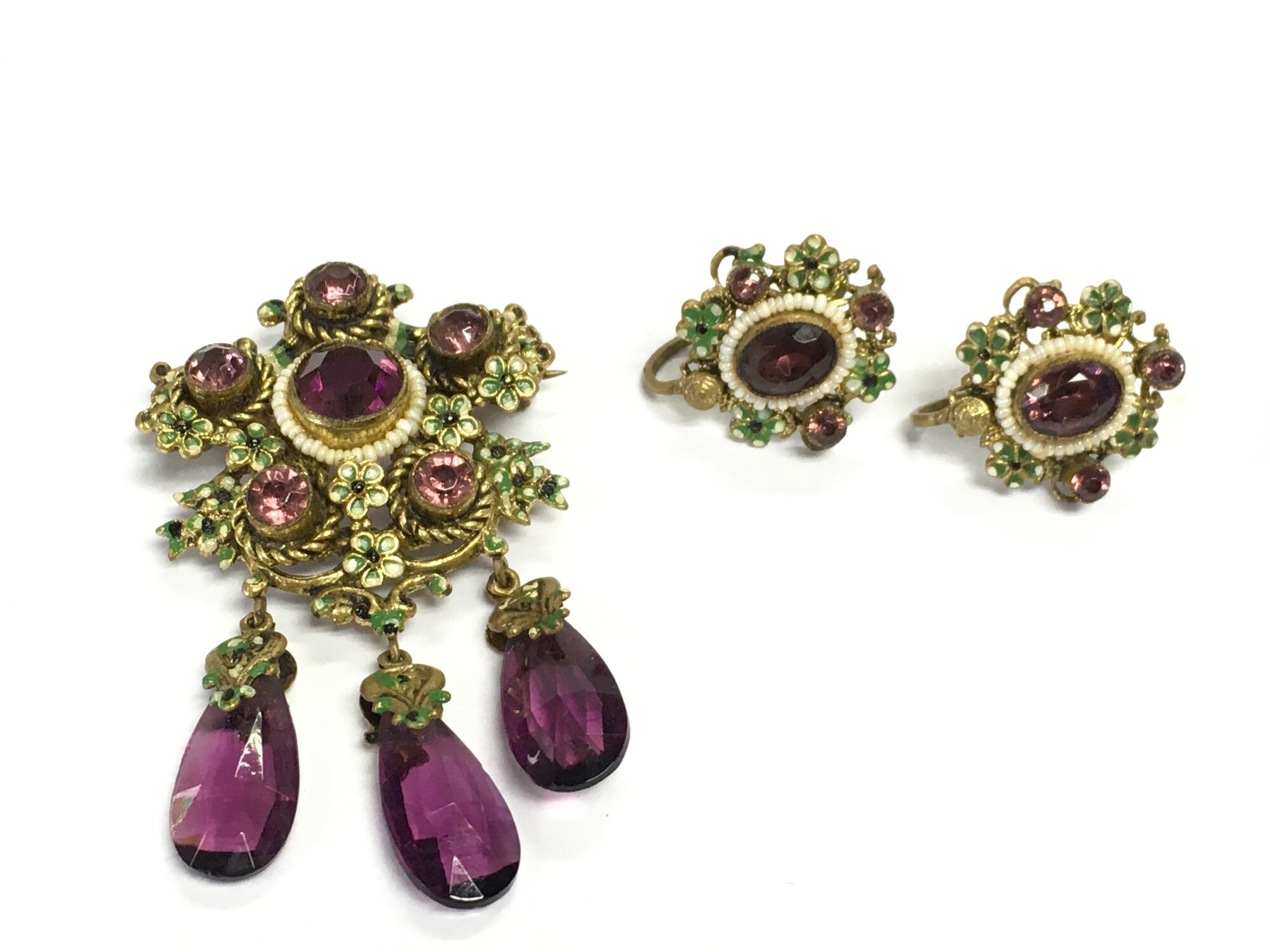 Three piece Suffragette jewellery. Brooch and earrings.