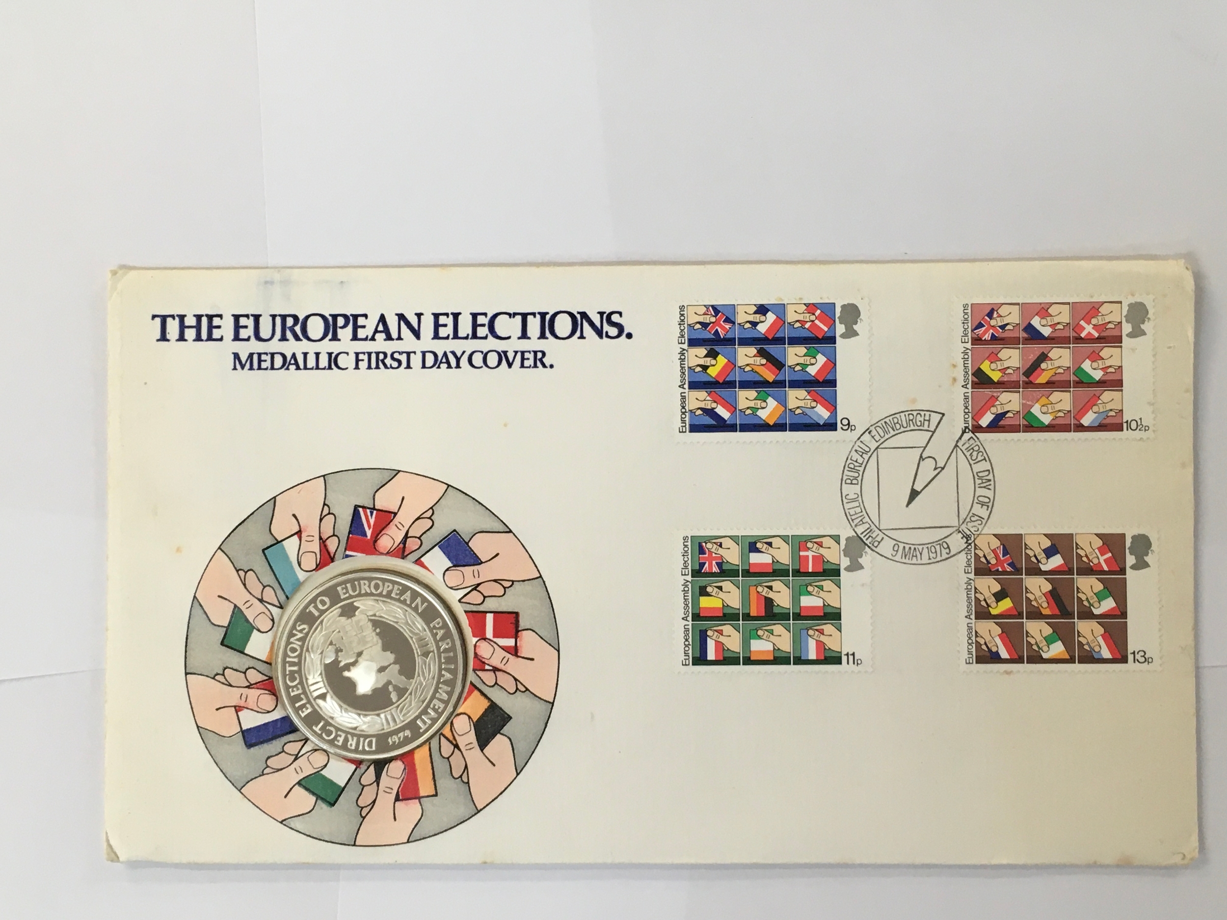 Silver European Election  Medallic First Day Cover 1979.  Includes 4 stamps and Certificate of Authenticity.