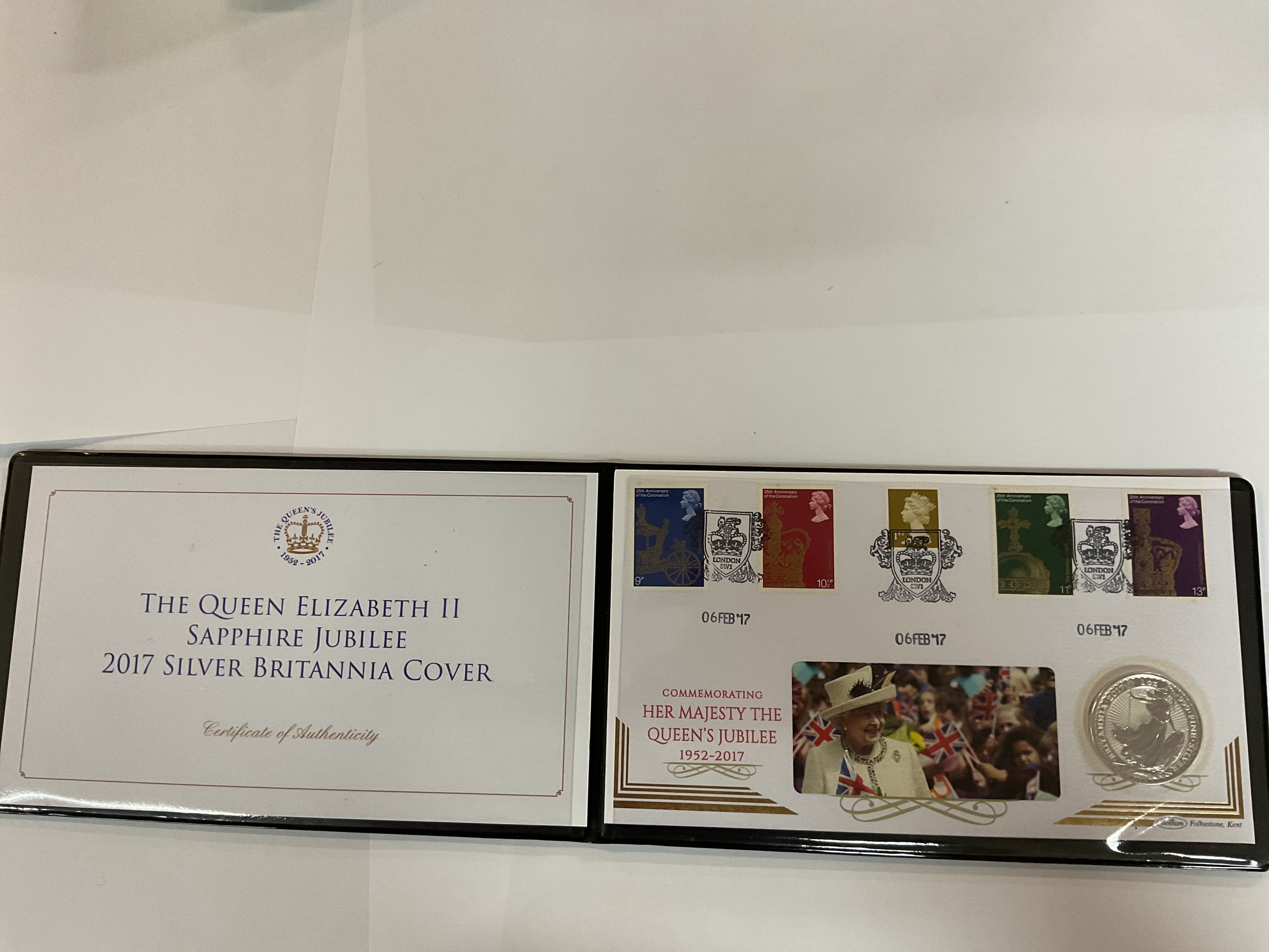 The Queen Elizabeth II Sapphire Jubilee 2017 Silver Britannia cover. Includes certificate of authenticity and stamps.