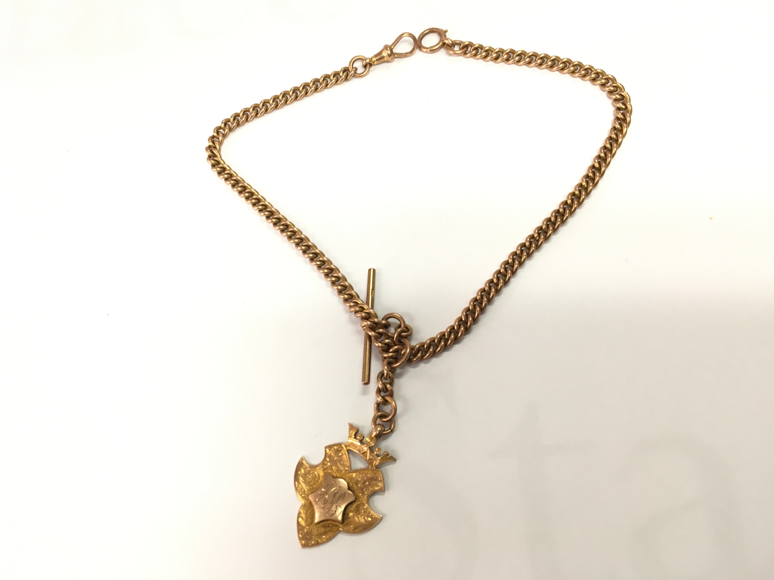 A 9ct gold watch chain with 9ct fob. 
46.10g and 37cm length