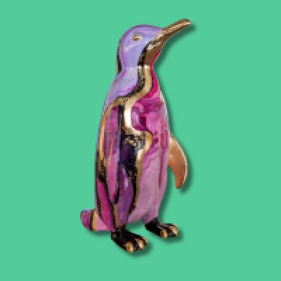 Marbled Penguin - Artist: Claudia Davis / Sponsor:  c2c Trenitalia - This penguin is adorned with a striking black, pink, and purple marble design, elegantly finished with delicate gold leaf accents. Claudia is a 24-year-old local artist with a lifelong passion for art. From a young age, she has been passionate about art and it continues to be a source of joy and fulfillment. For Claudia, the most rewarding part of her work is seeing the impact it has on others and witnessing their reactions to her creations. - Height 1600mm width 890mm Depth 1090mm weight 30kg