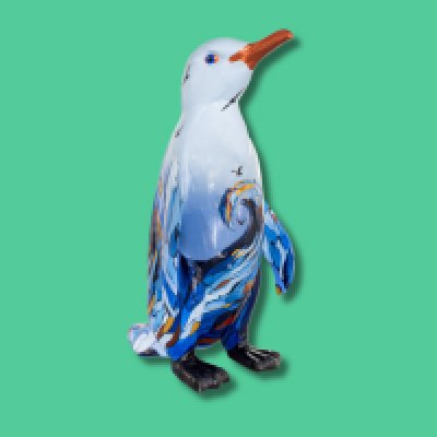 Wild - Sponsor: Able Group / Artist: Charlie Stafford / Charlie's penguin sculpture, Wild, is inspired by the natural beauty and energy of Southend-on-Sea. Flowing waves symbolise change, emotional depth, and peace echoing the care offered by Havens Hospices. Just as the sea shapes the shore, the hospices provide strength and compassion. The sculpture is a tribute to both the spirit of Southend and the transformative impact of hospice care in the community. Charlie Stafford is a professional artist with over eight years experience in the creative industry. She regularly lectures at universities and produces bespoke commissions for both local and international businesses. Her artistic inspiration is rooted in regenerative, sustainable practices and nurturing future creatives. Charlie aims to convey hope and emotion through her designs, creating meaningful connections between the artwork and its audience. - Height 1600mm width 890mm Depth 1090mm weight 30kg