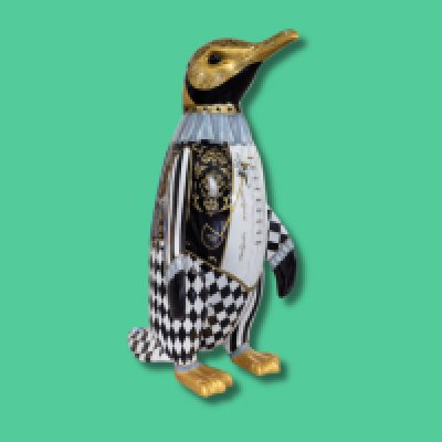 Harley Guin - Sponsor: Charles Stanley / Artist: Karis Harrington / This design was inspired by Karis' love for theatre and carnival art. This sculpture represents the mystique and magic of the Harlequin character dating back to Italian passion plays. The head and beak have been turned into a Venetian mask. The trickster character disguises his true wit - what may appear silly and foolish to us hides a myriad of wisdom and secrets beneath those black and white pantaloons. Karis Harrington is a freelance visual storyteller fascinated by folklore, the magical world of nature, and mythology. She works in illustration, animation and micro theatre to spin weird and wonderful tales. - Height 1600mm width 890mm Depth 1090mm weight 30kg