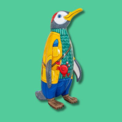 Gone Fishing - Sponsor: 6RS / Artist: Donna Newman / Ahoy matey! Meet Fisherman Finn, the salty sea-penguin who has washed up in Southend in search of the catch-of-the-day. In celebration of the penguins amazing fishing abilities, this playful design sees the sculpture dressed in a classic yellow oilskin coat complete with woolly hat, jumper and boots. The artist has created a bright and colourful design painted in a graphic, cartoon-like style. Donna Newman is the Artist behind Eden-designs Murals. Working with schools across the Midlands, she seeks to inspire young people by transforming their learning environments with her vibrant artwork. A fine art graduate from Coventry University, Donna responds to clients with creativity and flair producing original, playful designs in a wide variety of subjects.- Height 1600mm width 890mm Depth 1090mm weight 30kg