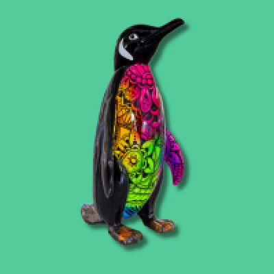 Lumina Pingu - Sponsor: Penguin Random House UK / Artist: Mister Mistry / This penguin has a fluorescent belly adorned with mandala-style patterns to symbolise the contrast between inner vibrancy and outer simplicity. The black exterior represents the challenges and hardships we often face in life, while the bright, intricate belly reflects the unique beauty and creativity that lies within each individual. The mandala patterns signify harmony, unity, and the interconnectedness of all living beings. It aims to remind viewers that even in the darkest moments, there is potential for brilliance and joy. This penguin serves as a metaphor for embracing one's true colours, encouraging us to celebrate our uniqueness and express our inner light, no matter the circumstances. Based in London since 2009, Mister Mistry has established himself as a dynamic force in the contemporary art scene. Renowned for his innovative approach, he offers a diverse range of products and services, including live art performances at social events and bespoke commissioned pieces. Mister Mistry's work is celebrated for its contemporary uniqueness, seamlessly blending traditional techniques with modern aesthetics. - Height 1600mm width 890mm Depth 1090mm weight 30kg