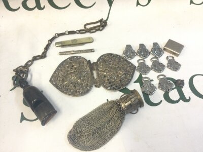 A GWR horn whistle and a collection of oddments including a silver penknife