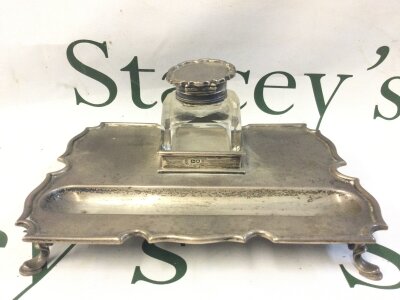 A hallmarked silver inkwell / desk stand. 320g total weight