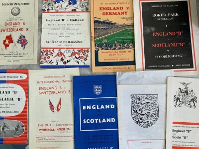 England B Football Programmes: Believed to be complete of all 9 matches played in the 1950s. Includes 1950 Switzerland at Sheffield Wednesday, Holland at Newcastle, 1954 Scotland at Sunderland. Good. (9)