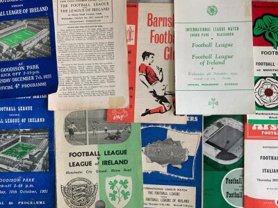 Football League v Irish League Football Programmes: Matches v Irish league at various English grounds in 1951 1954 1955 1957 at Leeds, 1959 1961 1965 1969. C/W Italian League matches in 1961 + 1962. Very good. (10)