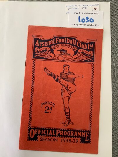 38/39 Arsenal v Middlesbrough Football Programme: Excellent condition league programme with no team changes. The word won written to team page.