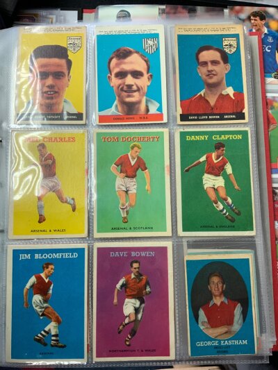 Arsenal Football Card Collection: Not to be missed comprehensive collection with thousands of cards all relating to Arsenal players over the last 100 years. So many different makers of trade and cigarette cards including A+BC Topps Pinnace Top Trumps Taddy and Panini. There are 13 albums/binders neatly displaying this must view collection of possibly 5000 different cards.