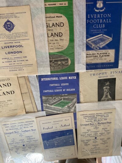 Football Programmes Of Matches At Everton: No Everton matches included. Includes Internationals, Liverpool Boys, Schools finals, Liverpool County FA and much more. Includes single sheets 54 Liverpool v Blackpool boys, 59 Southport Boys, 52 Liverpool v Eire FA, 48 Liverpool County v Essex FA, 47 Football League v Irish League, England v Scotland schools. (30+)