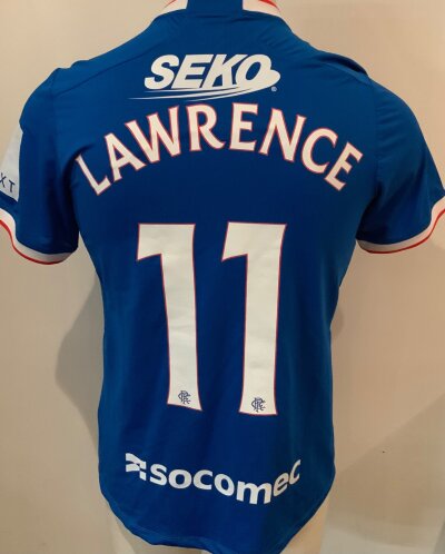 Glasgow Rangers 2022 Match Worn Football Shirt: Blue short sleeve home shirt worn by Lawrence in friendly v Tottenham  on 23 7 2022.