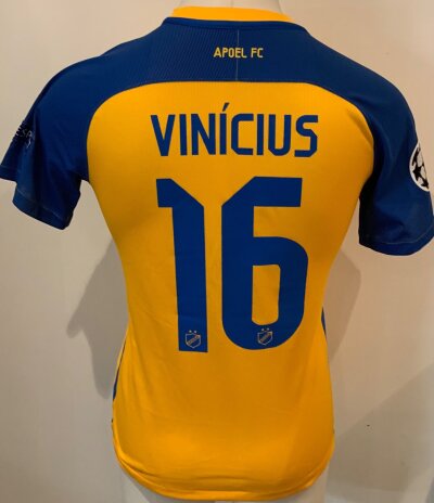 Apoel 2017 - 2018 Match Worn Football Shirt: Champions League short sleeve yellow and blue shirt with number 16 Vinicius to rear. Worn v Tottenham.