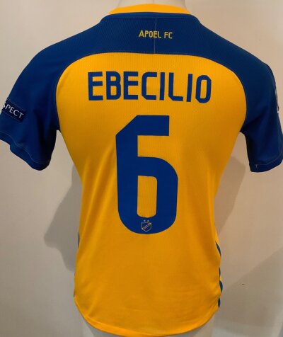 Apoel 2017 - 2018 Match Worn Football Shirt: Champions League short sleeve yellow and blue shirt with number 6 Ebecilio to rear. Worn v Tottenham.