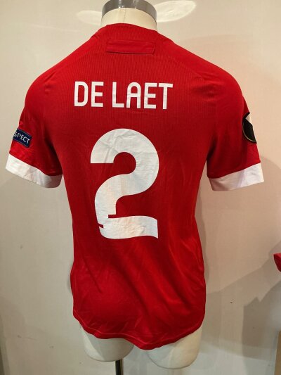 Antwerp 2020 - 2021 Match Worn  Football Shirt: Jako short sleeve red home shirt with number 2 De Lait to rear. Excellent condition. Worn v Tottenham in the Europa League.  Comes with an unnumbered replica shirt