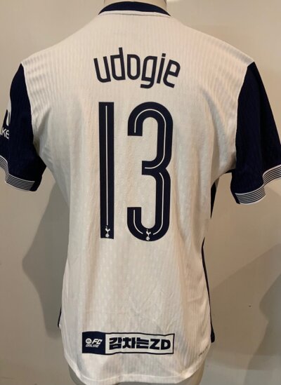Tottenham 2024 - 2025 Match Worn / Issued Asia Tour Football Shirt: Nike snort sleeve white home shirt with number 13 Udogie to rear. Excellent condition. Shirt has Asia Tour patch to lower rear.