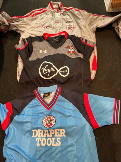 Southampton Football Shirt Collection: Includes 3 original and 3 reproduction plus one rain jacket. (7)