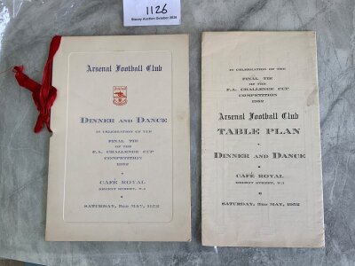 Arsenal 1952 FA Cup Final Football Menu: Held in London the evening of the defeat to Newcastle United. Lovely menu signed by Harry Secombe Spike Milligan and Anna Neagle with red ribbons plus the separate table plan. (2)